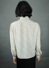 Vintage Secretary Blouse Sz 14P L 80s Beige Gray Plaid Geometric Dress Shirt