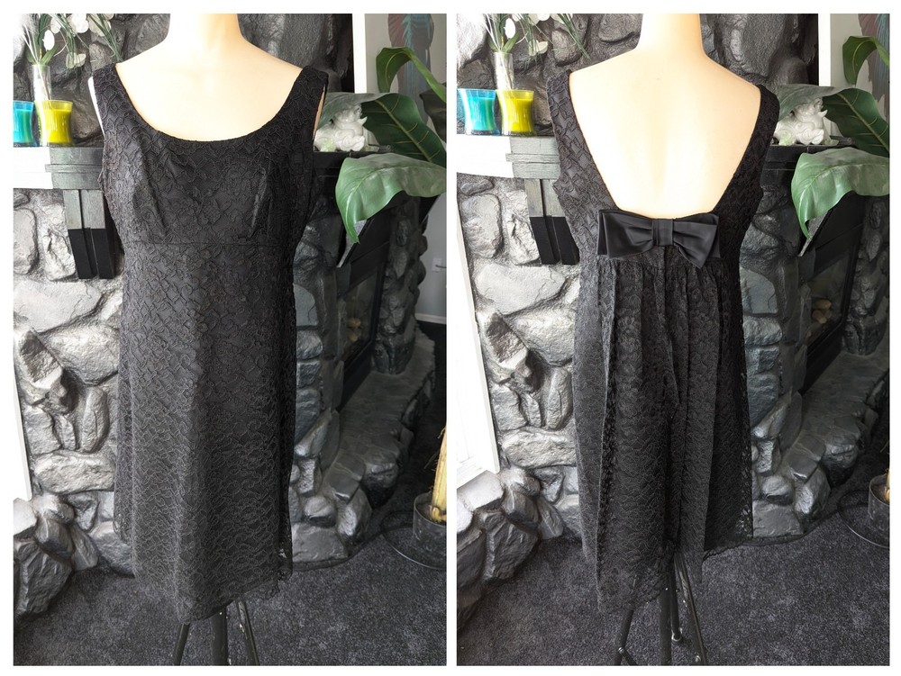 60s Vtg Black Lace Mini Dress Plunging Back Bow Train Cocktail Evening Cruise L