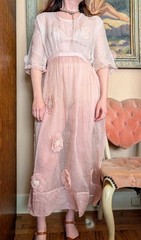 Antique 1920s Pink Cotton Organdy Dress Rosettes Gown Size Small/Medium