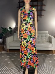 Vintage 70’s Joseph Magnin Bright Floral Flower Power Ruffle Halter Maxi Dress