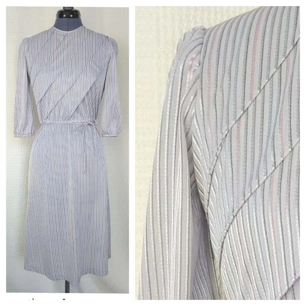 Vintage Grey Dress with Diagonal Layers and Pink/Black/Purple/Blue Stripes Sz 5