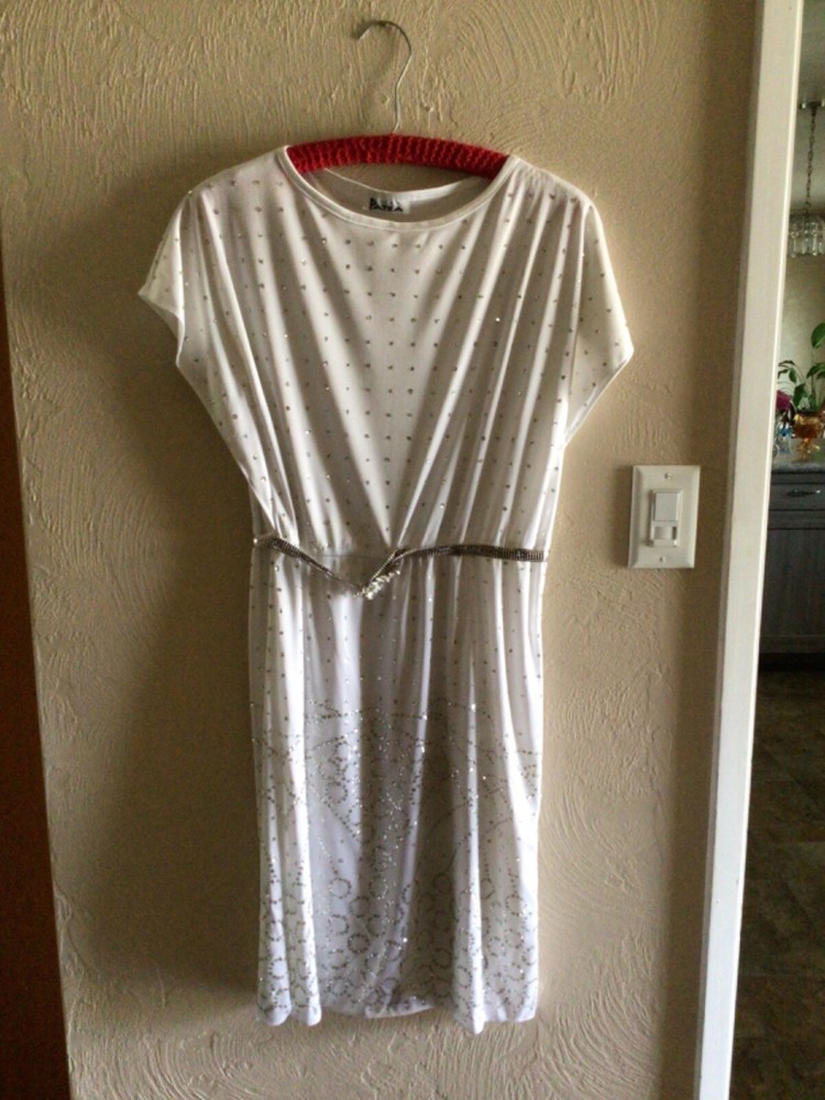 Vintage 70’s or 80’s PATRA Disco Dress Women’s Sz S/M White Sequins Silver Belt