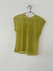 50s Chartreuse Sheer Floral Lace Flutter Cap Sleeve Top Keyhole Bateau Neck XS/S