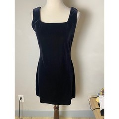 Vintage La Belle Black Velvet Square Neck Mini Dress 90s Sleeveless Goth Size M