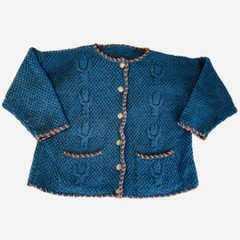 Chunky Cardigan Sweater Hand Knit Granny Whipstitch Trim Salzburg Buttons Indigo