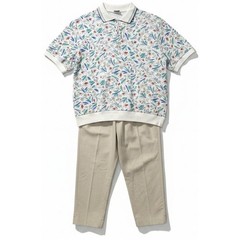 Cricket Lane Floral Polo Top & Tan Pants Set, Made in USA, Women Large, Vintage