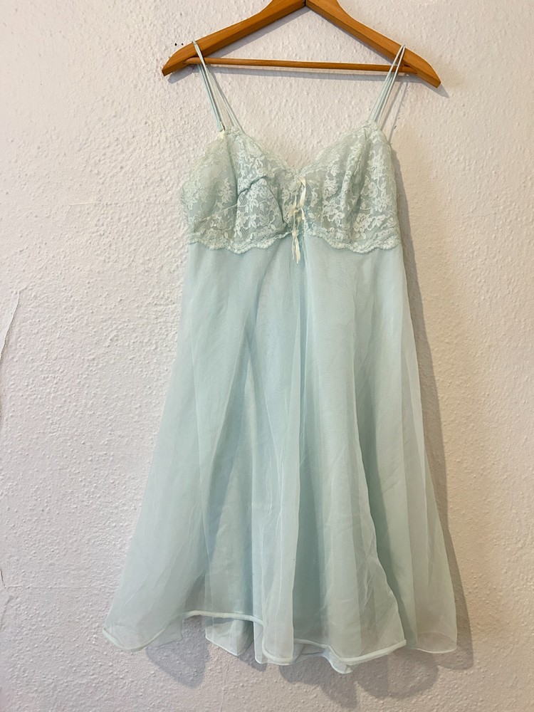 Vtg Warner’s Sz 36 Nightgown Blue Spaghetti Straps Lingerie Babydoll Teddy 8001