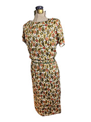 1950s silky paisley dress Leslie Fay Original blouson red green Pretty Xs/S
