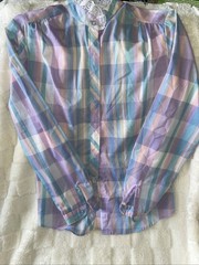 VTG 80s Miss Fasionality Pastel Plaid Blouse Lace Ruffle Collar Cottagecore 9-10