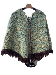 Vintage Wool Poncho Handmade W/Drawstring Opening Fringe Aqua Blue Yellow Brown