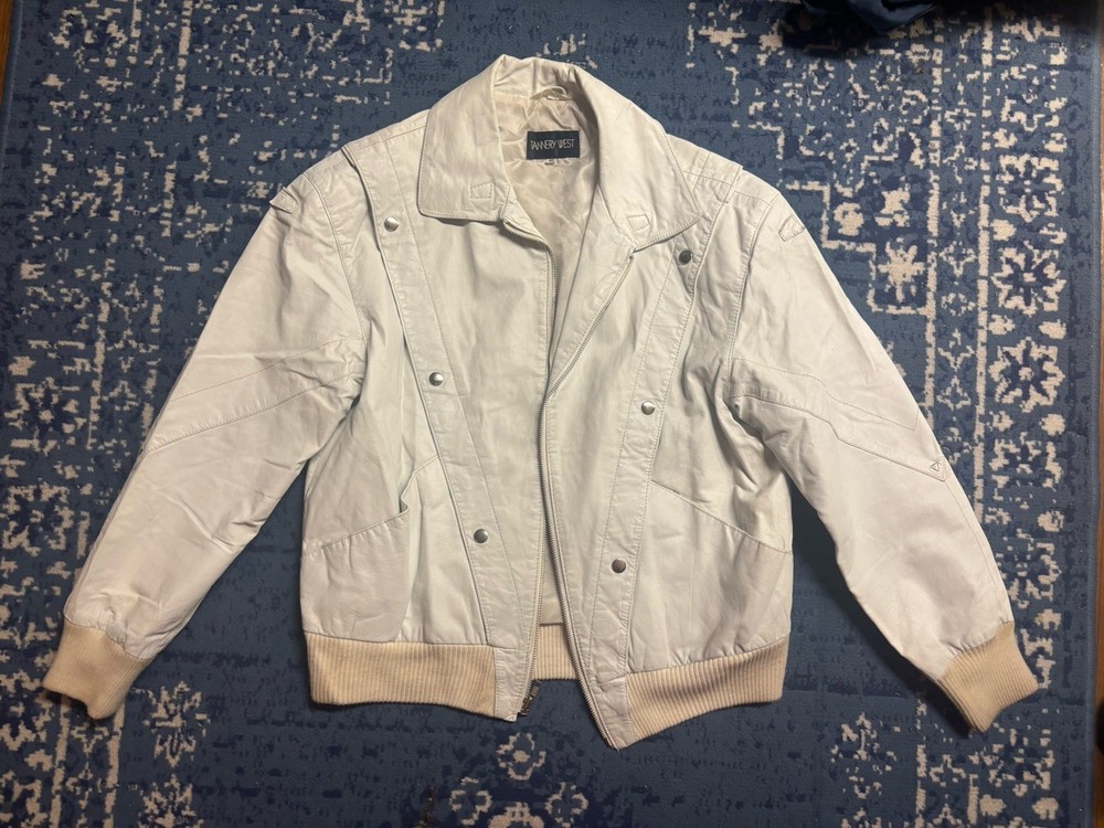 Tannery West Vintage 80s Unisex White Vinyl Leather Jacket Cropped Medium