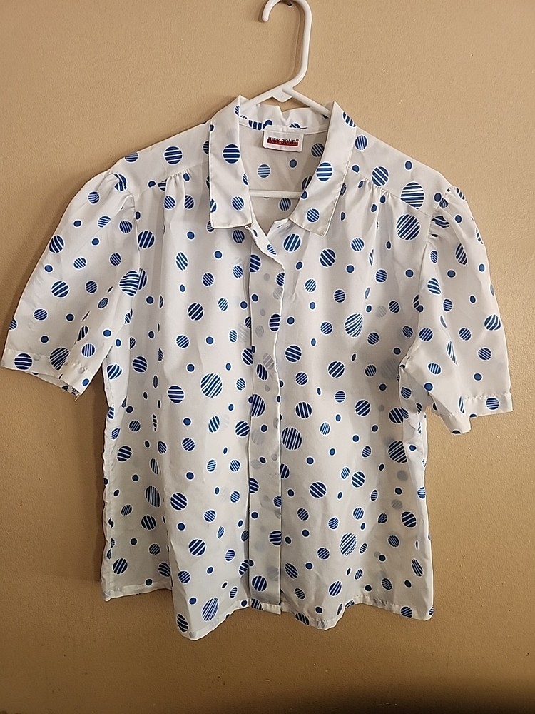 Vtg 70s Judy Bond Sheer Polka Dot Short Sleeve Blouse Dopamine Bright Button-Up