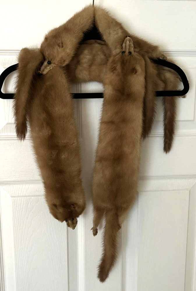 Vtg 1930’s 1940’s Brown Full Mink Fur 4 Pelt Stole Scarf Heads, Tails & Feet