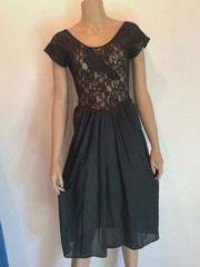 Vintage Black Lace Silky Nylon Nightgown Slip Gown