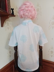 Vintage 1970s/80s Fire Islander Pastel Aqua Polka-dot Pussybow Secretary Blouse