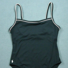 Vintage Ralph Lauren Swimsuit Women 14 Blue White Pony Trim Coastal Nautical 90s