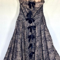 Vintage 1950s Navy Pink Floral Net Lace Tulle Halter Party Dress Velvet Bows
