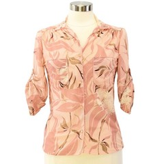 70s Vintage Pastel Pink Leaf Printed Top Womens S Semi Sheer Button Front Ruched