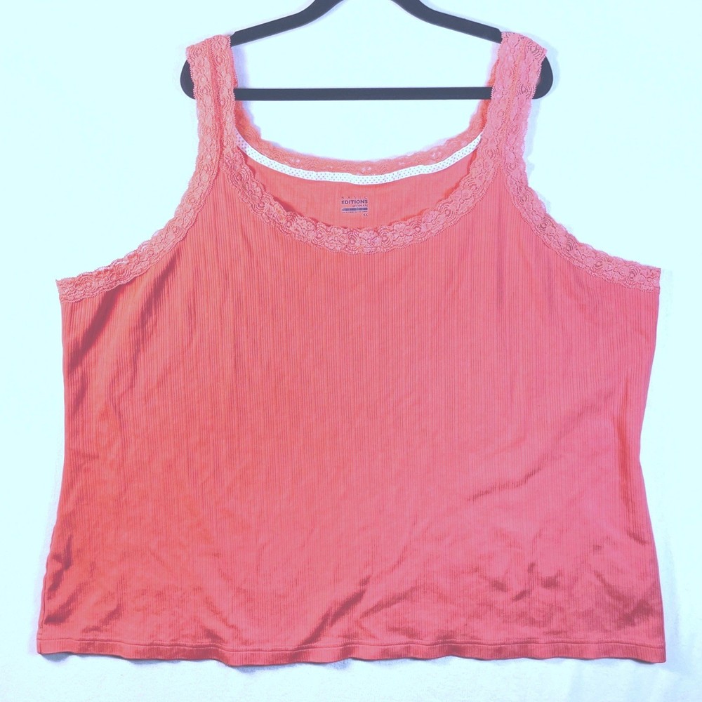 Y2K lace trim coral pink cotton rib knit cami tank top 4X summer vacation 90s
