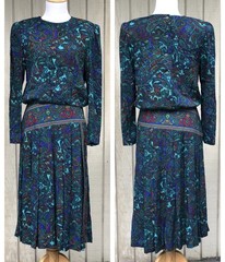 Vintage V.L.P Petites Paisley Floral Pleated Blouson Teal Midi Dress size 8