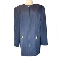 Vintage Mondi Cherub Zipper Pull Navy New Wool Blend Zip Up Blazer Size 44/10.5