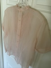 Patty Woodard Of California Blouse Sheer Pink Top Ruffle Bib Short Sl Vintage L