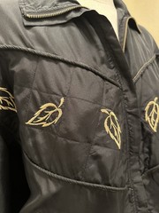 Vintage Retro Fuda L 100% Silk Black Bomber Jacket W Gold Embroidered Leaves