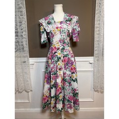 Vintage Joni Blair Floral Cotton Midi Dress Lace Sailor Collar Garden Party 9