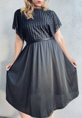 Vintage 1970s Better Half Black Shadow Plaid Flutter Sleeve Flex Fit Midi Dress