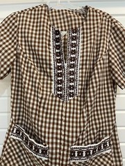 Vintage Brown White Gingham Dress Zip Up Embroidery Rockabilly Granny Core