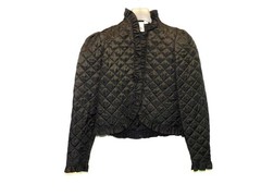 Vintage 70s M You Babes Black Quilted Blazer Dress Jacket Ruffle Collar Cropped