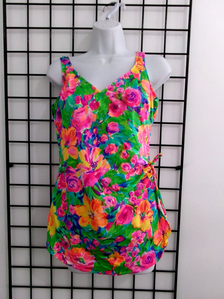 VINTAGE GABAR / USA 🌸 SIZE 18== FLORAL / ONE PIECE / RUCHED WAIST BATHING SUIT