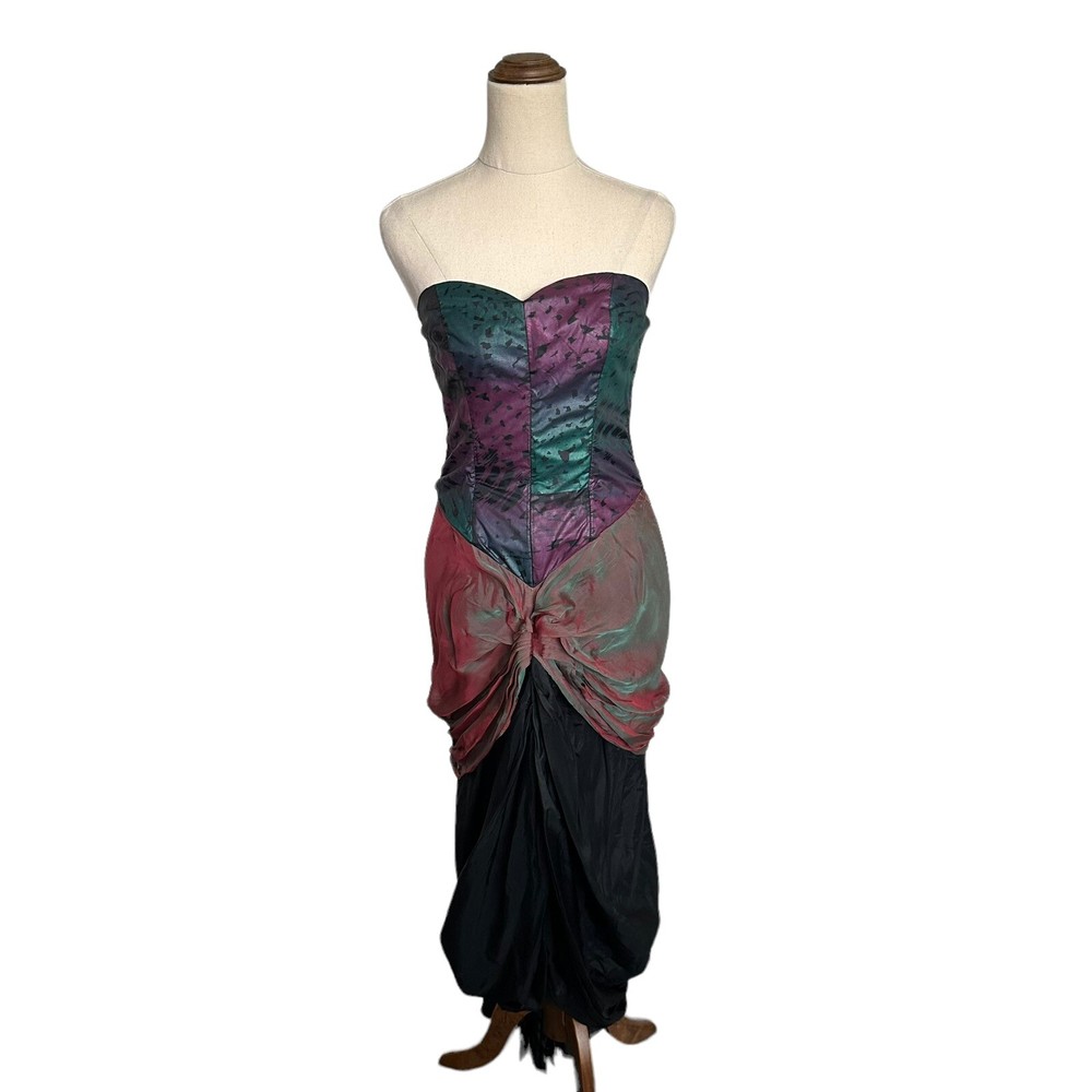 Vintage Studibaker Hawk 80s Corset Printed Strapless Party Cocktail Dress Sz S
