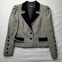 Louis Feraud Paris Vintage Women’s Wool Houndstooth Skirt Suit 42 EU Velour Trim