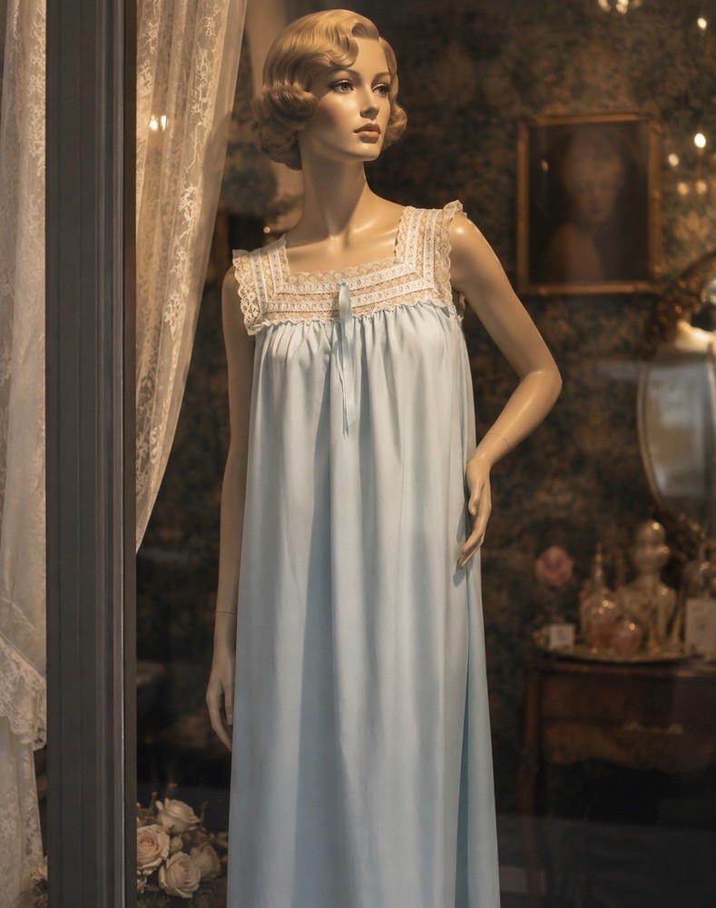 Vintage 1940s Barbizon Blue Nylon Lace Trim Nightgown | Romantic Boudoir