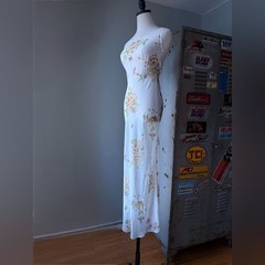 Vintage 90s Floral Slip Maxi Dress | Bias Cut Cream Rose Print Cottagecore | XS