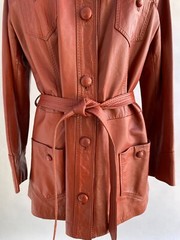 Vintage 70s Leather Jacket Women Burnt Sienna Belted Covered Buttons 4 Pockets L