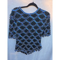 Laurence Kazar Beaded Silk Top Women M Blue Black Vintage Sequin Good Scalloped