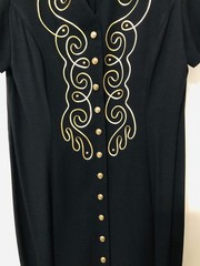 Vintage S.L. Fashions Dress sz 14 Black Gold Embossed With Gold Tone Buttons