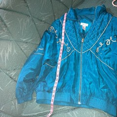 VTG Bocoo Teal 100% Silk Jacket Sz Large Windbreaker Gold Accents Beaded Zip Up