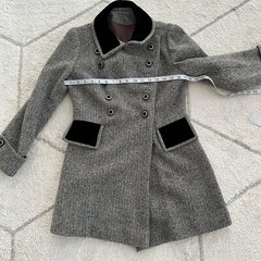 Vintage 60s Mid-Length Velvet Collar Wool-Blend Herringbone Coat