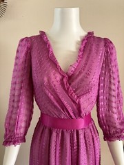 1980s Neiman Marcus Pink Sheer Ruffle Wrap Dress Ribbon Belt Petite Vintage