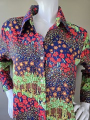 70’s Floral Button-Up Shirt Large Polyester Lightweight Blue Barrymore Collar