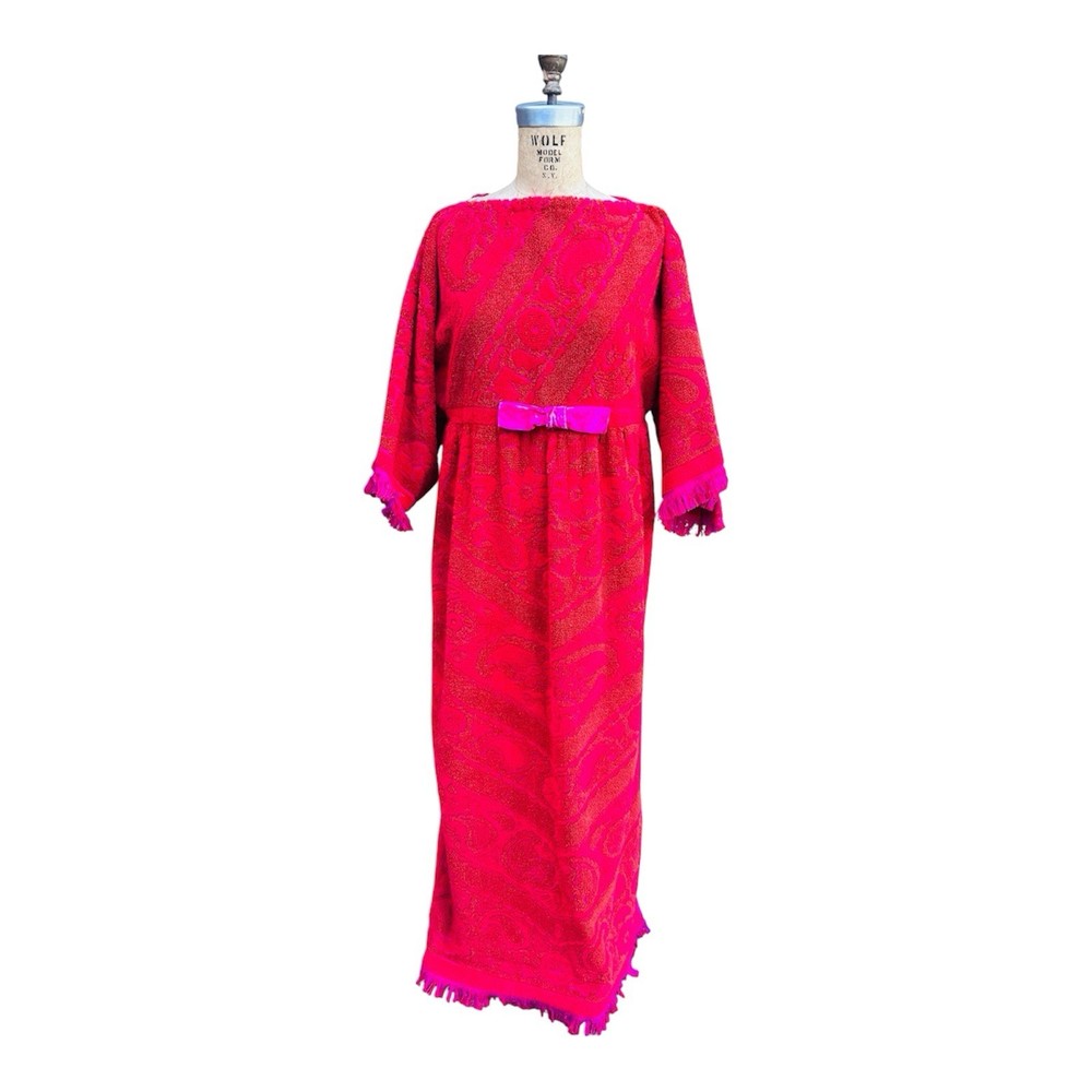 Vintage Red Orange Terry Towel Maxi Dress Caftan Lounge Coverup Handmade READ