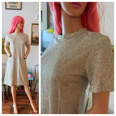 💿Vtg 60s Silver Lurex Metallic Space Age Go-Go Shift Dress Twiggy Mod Party M L