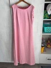 Vintage 60s 70s Pink Ribbed Mod Maxi Long Sheath Dress Crochet Lace Belt M/L