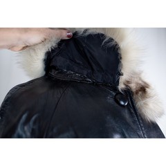 Vintage 70s Black Leather Fox Fur Coat, Mob Wife Luxury Glam Trench, Rocker, S M