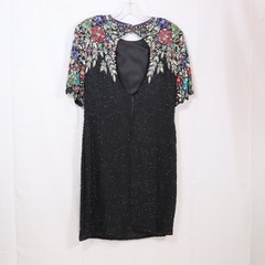 Stenay Beaded Silk Dress L Black Womens Floral Sequin Cocktail Party