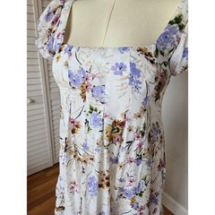 Anthropologie White Lavender Floral Puff Sleeve Tiered Midi Dress S Cottagecore