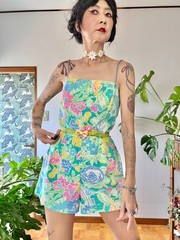 1970s 80s Sea Waves Floral Playsuit Romper M/L – Retro Sun Suit Padded Lined
